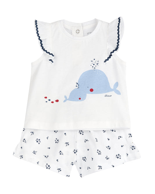 Chicco White & Blue Top & Shorts Set-Printed-Cotton-For Infants