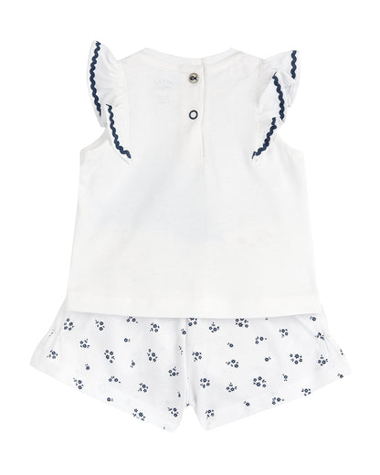 Chicco White & Blue Top & Shorts Set-Printed-Cotton-For Infants