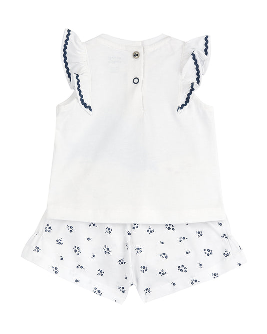 Chicco White & Blue Top & Shorts Set-Printed-Cotton-For Infants