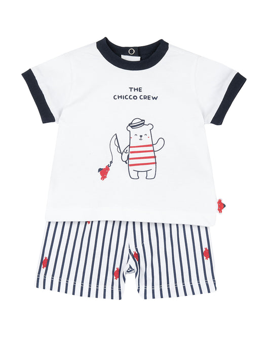 Chicco Navy Blue & White T-shirt & Shorts Set-Striped-Cotton-For Infants