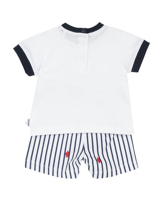 Chicco Navy Blue & White T-shirt & Shorts Set-Striped-Cotton-For Infants