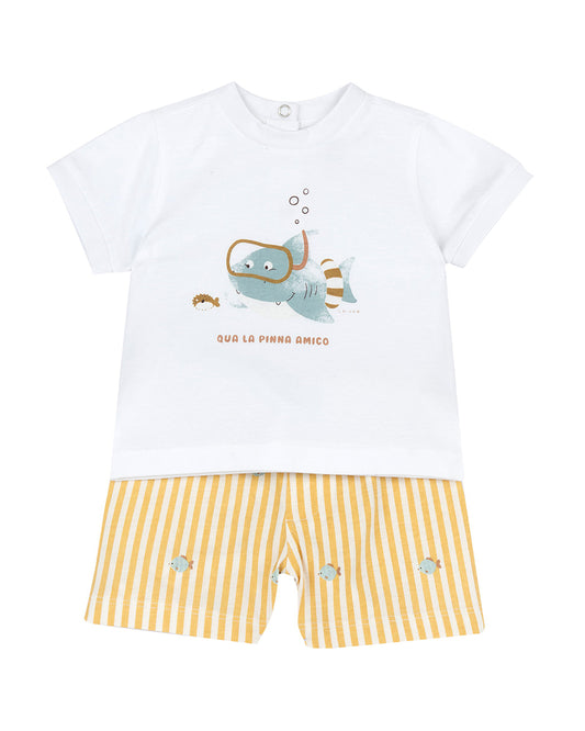 Chicco Yellow & White T-shirt & Shorts Set-Striped-Cotton-For Infants