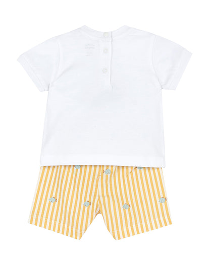 Chicco Yellow & White T-shirt & Shorts Set-Striped-Cotton-For Infants