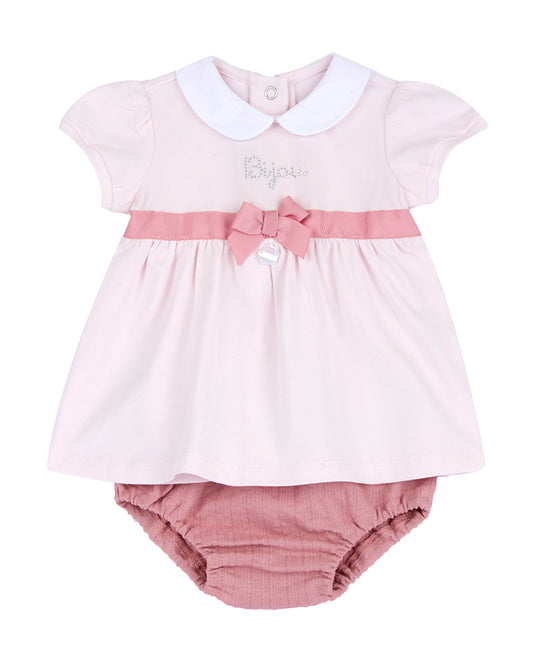 Chicco Pastel Pink Frock Dress with Bloomer-Solid-Cotton-For Infants