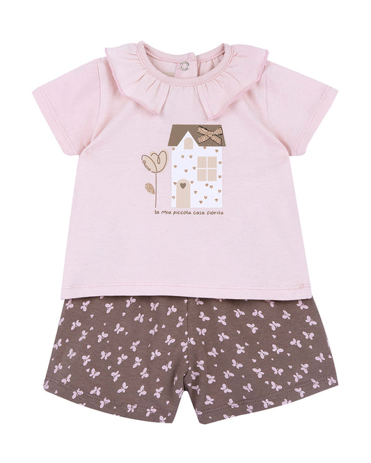 Chicco Pink & Natural T-shirt & Shorts Set-Printed-Cotton-For Infants