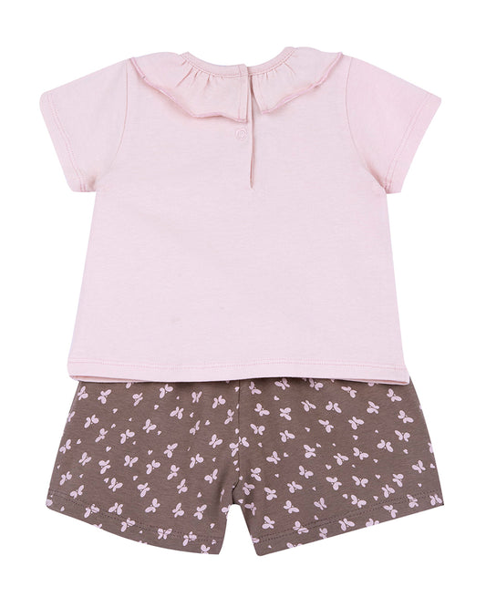 Chicco Pink & Natural T-shirt & Shorts Set-Printed-Cotton-For Infants
