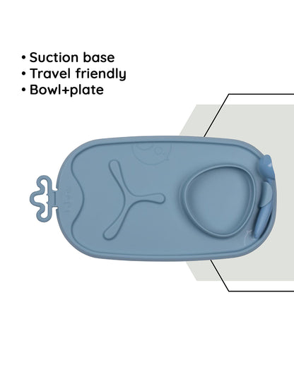 b.box Roll & Go Silicone Mat With Spoon-Meal Set-Three Section Divder-Suction Base-Travel Friendly-Ocean Blue
