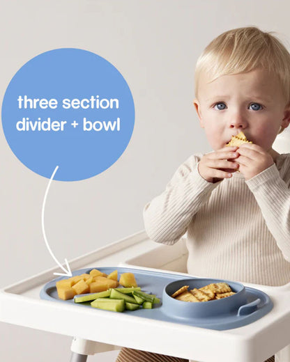 b.box Roll & Go Silicone Mat With Spoon-Meal Set-Three Section Divder-Suction Base-Travel Friendly-Ocean Blue