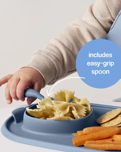 b.box Roll & Go Silicone Mat With Spoon-Meal Set-Three Section Divder-Suction Base-Travel Friendly-Ocean Blue