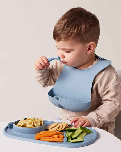 b.box Roll & Go Silicone Mat With Spoon-Meal Set-Three Section Divder-Suction Base-Travel Friendly-Ocean Blue