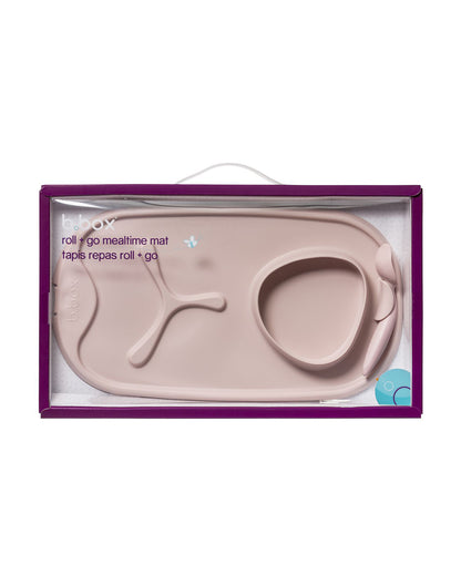 b.box Roll & Go Silicone Mat With Spoon-Meal Set-Three Section Divder-Suction Base-Travel Friendly-Blush Pink