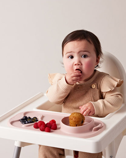 b.box Roll & Go Silicone Mat With Spoon-Meal Set-Three Section Divder-Suction Base-Travel Friendly-Blush Pink