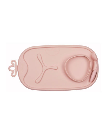 b.box Roll & Go Silicone Mat With Spoon-Meal Set-Three Section Divder-Suction Base-Travel Friendly-Blush Pink