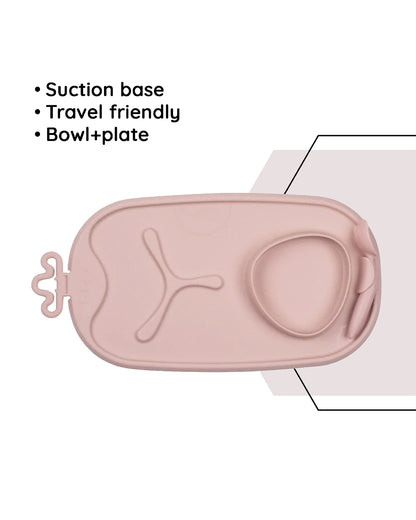 b.box Roll & Go Silicone Mat With Spoon-Meal Set-Three Section Divder-Suction Base-Travel Friendly-Blush Pink