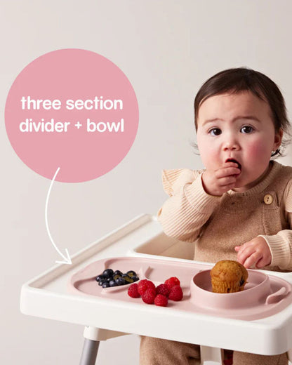 b.box Roll & Go Silicone Mat With Spoon-Meal Set-Three Section Divder-Suction Base-Travel Friendly-Blush Pink