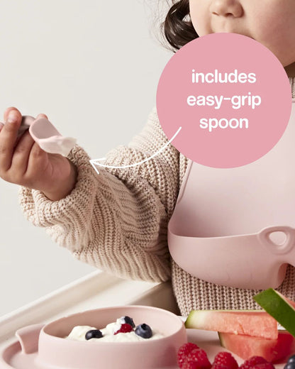 b.box Roll & Go Silicone Mat With Spoon-Meal Set-Three Section Divder-Suction Base-Travel Friendly-Blush Pink