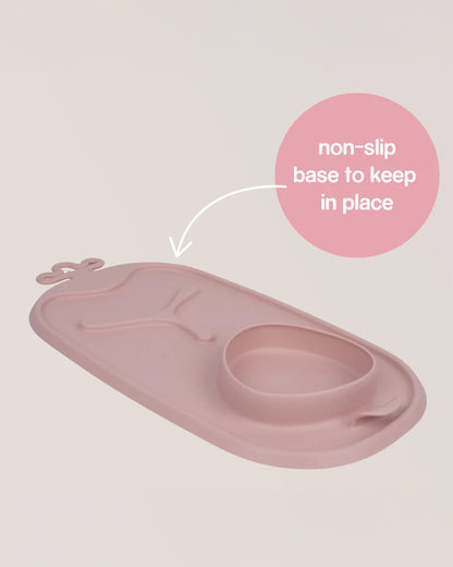 b.box Roll & Go Silicone Mat With Spoon-Meal Set-Three Section Divder-Suction Base-Travel Friendly-Blush Pink