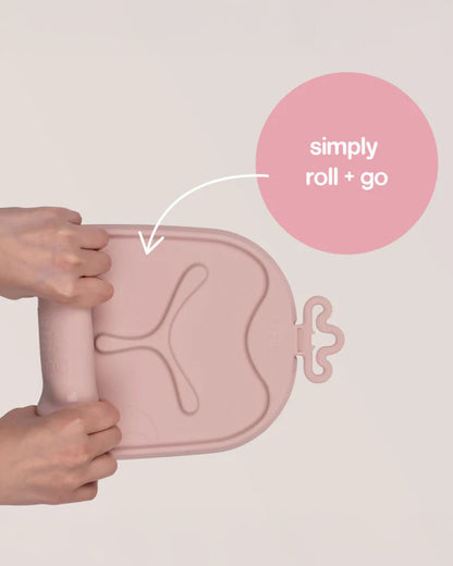 b.box Roll & Go Silicone Mat With Spoon-Meal Set-Three Section Divder-Suction Base-Travel Friendly-Blush Pink