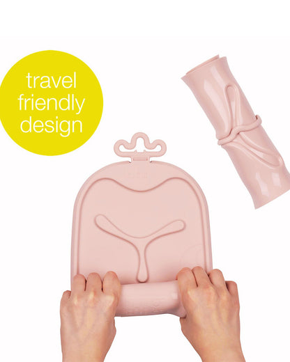 b.box Roll & Go Silicone Mat With Spoon-Meal Set-Three Section Divder-Suction Base-Travel Friendly-Blush Pink