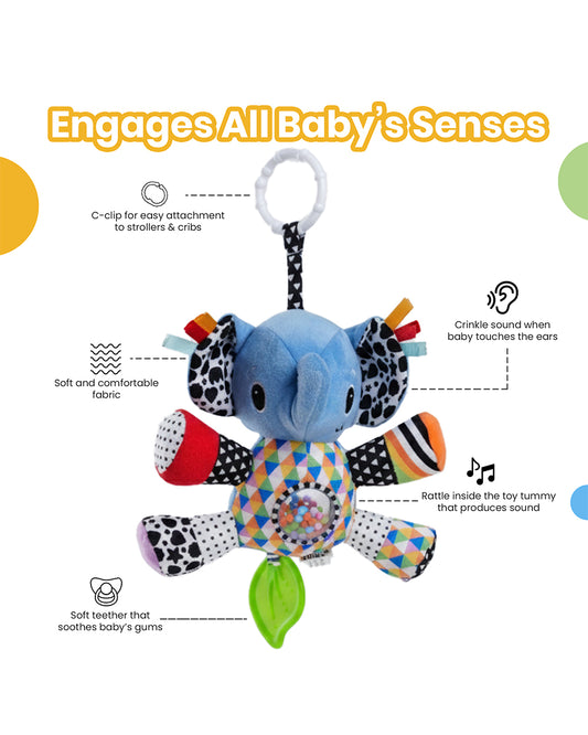 nuluv Activity Elephant-Teether Rattle Toy-With Crinkle Sound-Stroller Toy-3M+