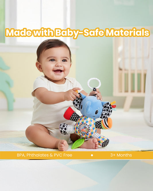 nuluv Activity Elephant-Teether Rattle Toy-With Crinkle Sound-Stroller Toy-3M+
