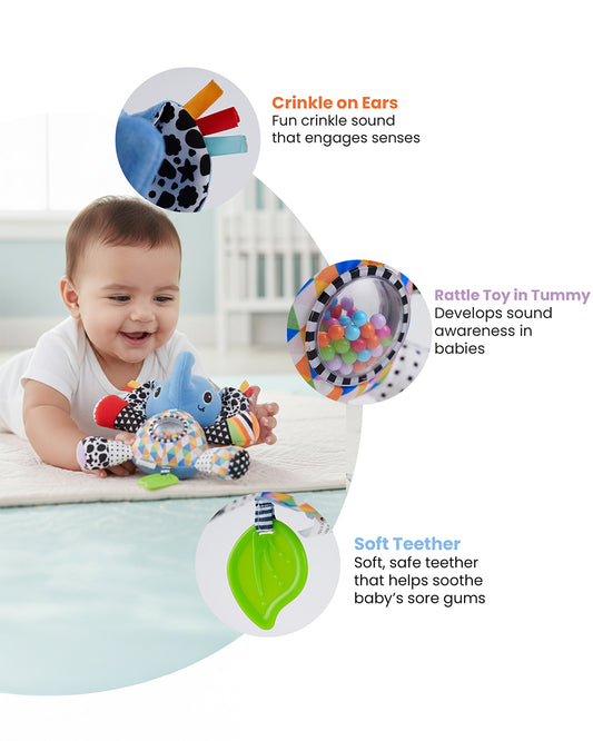 nuluv Activity Elephant-Teether Rattle Toy-With Crinkle Sound-Stroller Toy-3M+
