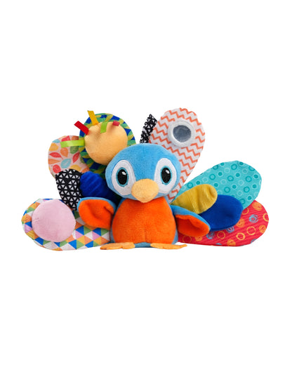 nuluv Activity Peacock Soft Toy-With Squeaker & Bird Chime-Fun Mirror for Self-recognition-Stroller Toy-3M+