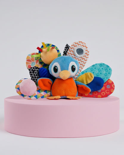 nuluv Activity Peacock Soft Toy-With Squeaker & Bird Chime-Fun Mirror for Self-recognition-Stroller Toy-3M+