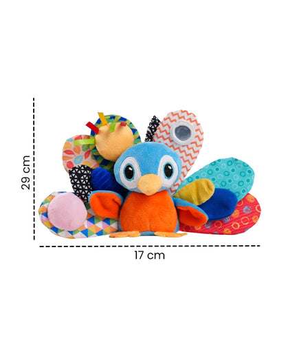 nuluv Activity Peacock Soft Toy-With Squeaker & Bird Chime-Fun Mirror for Self-recognition-Stroller Toy-3M+
