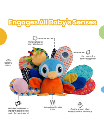 nuluv Activity Peacock Soft Toy-With Squeaker & Bird Chime-Fun Mirror for Self-recognition-Stroller Toy-3M+
