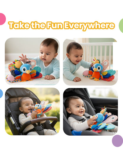 nuluv Activity Peacock Soft Toy-With Squeaker & Bird Chime-Fun Mirror for Self-recognition-Stroller Toy-3M+