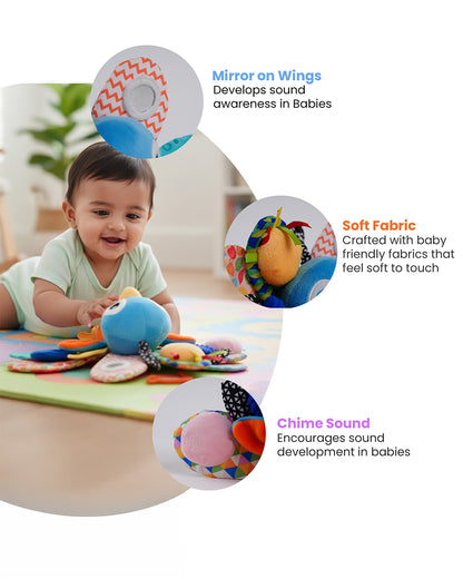 nuluv Activity Peacock Soft Toy-With Squeaker & Bird Chime-Fun Mirror for Self-recognition-Stroller Toy-3M+