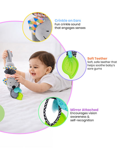 nuluv Musical Koala-Soft Toy-With Teether, Crinkle Sound & Fun Mirror for Self-recognition-Baby Sensory Stroller Toy-3M+