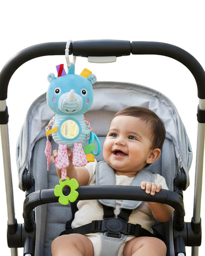 nuluv Activity Rhino-Soft Toy-With Crinkle Sound & Fun Mirror for Self-recognition-Stroller Toy with Teether-3M+