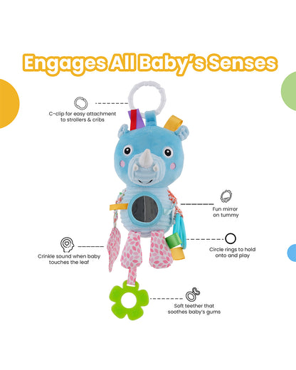 nuluv Activity Rhino-Soft Toy-With Crinkle Sound & Fun Mirror for Self-recognition-Stroller Toy with Teether-3M+
