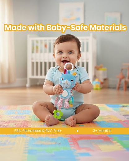 nuluv Activity Rhino-Soft Toy-With Crinkle Sound & Fun Mirror for Self-recognition-Stroller Toy with Teether-3M+