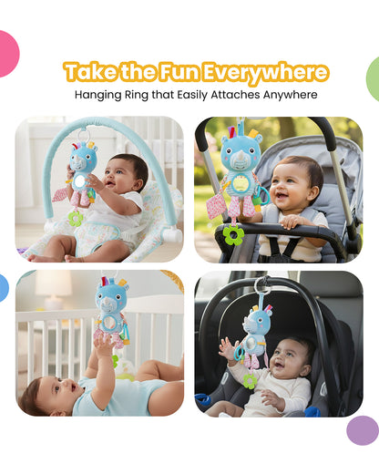 nuluv Activity Rhino-Soft Toy-With Crinkle Sound & Fun Mirror for Self-recognition-Stroller Toy with Teether-3M+
