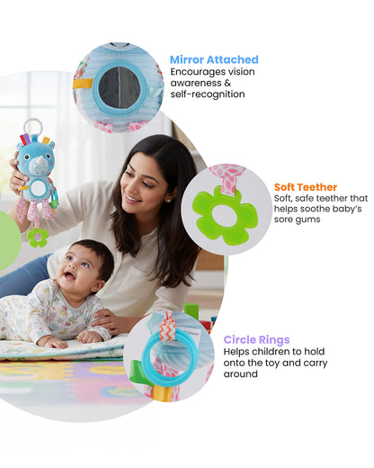 nuluv Activity Rhino-Soft Toy-With Crinkle Sound & Fun Mirror for Self-recognition-Stroller Toy with Teether-3M+