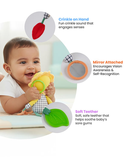 nuluv Lino Buddy-Teether Rattle Toy-With Crinkle Sound & Fun Mirror for Self-recognition-Stroller Toy-3M+
