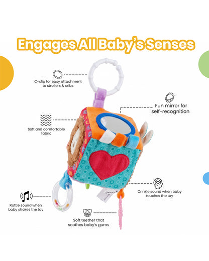 nuluv Activity Cube-Teether Rattle Toy-With Crinkle Sound & Fun Mirror for Self-recognition-Stroller Toy-3M+