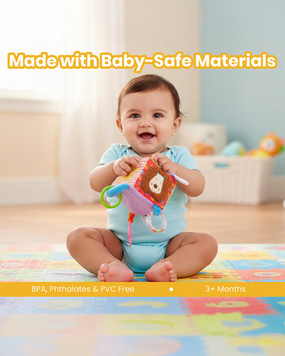 nuluv Activity Cube-Teether Rattle Toy-With Crinkle Sound & Fun Mirror for Self-recognition-Stroller Toy-3M+