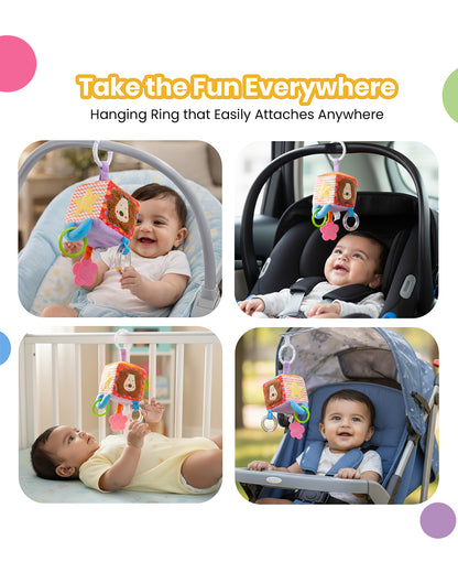 nuluv Activity Cube-Teether Rattle Toy-With Crinkle Sound & Fun Mirror for Self-recognition-Stroller Toy-3M+