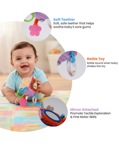 nuluv Activity Cube-Teether Rattle Toy-With Crinkle Sound & Fun Mirror for Self-recognition-Stroller Toy-3M+