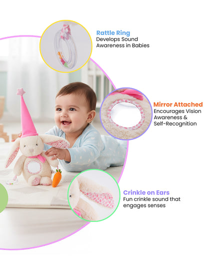 nuluv Bunny Soft Toy-With Ring Rattle & Fun Mirror for Self-recognition-3M+