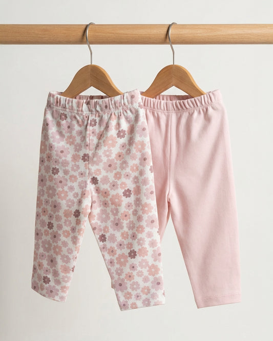 Twingle 100% Organic Cotton Leggings-Soft Elasticated Waistband-No Itchy Tags-Solid-Floral Print-Pastel Pink-Pack of 2-For Infants