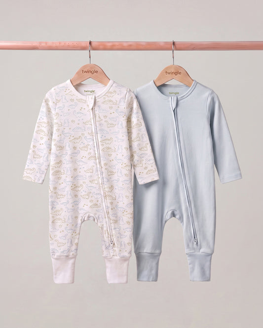 Twingle 100% Organic Cotton Sleepsuit-Zip Guard to Protect Baby's Chin & Neck-Two Way Zipper for Easy Diaper Change-Inbuilt Booties & Mittens-Dino Print-Light Blue-Pack of 2-For Infants