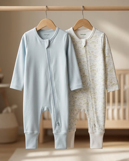 Twingle 100% Organic Cotton Sleepsuit-Zip Guard to Protect Baby's Chin & Neck-Two Way Zipper for Easy Diaper Change-Inbuilt Booties & Mittens-Dino Print-Light Blue-Pack of 2-For Infants