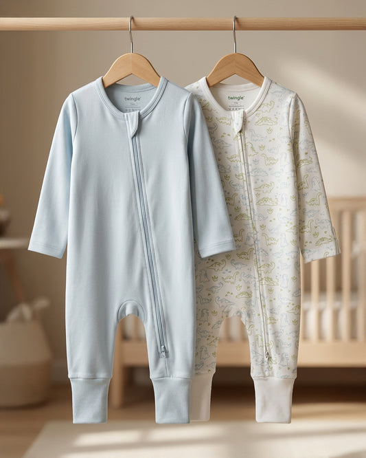 Twingle 100% Organic Cotton Sleepsuit-Zip Guard to Protect Baby's Chin & Neck-Two Way Zipper for Easy Diaper Change-Inbuilt Booties & Mittens-Dino Print-Light Blue-Pack of 2-For Infants
