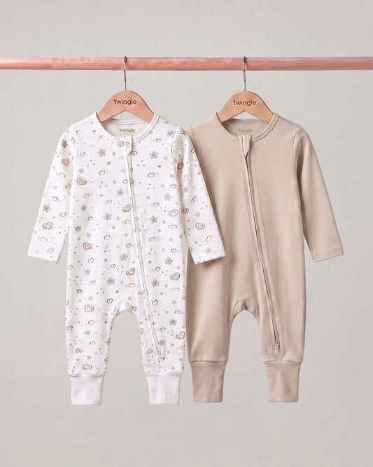 Twingle 100% Organic Cotton Sleepsuit-Zip Guard to Protect Baby's Chin & Neck-Two Way Zipper for Easy Diaper Change-Inbuilt Booties & Mittens-Hearts & Stars Print-Beige-Pack of 2-For Infants