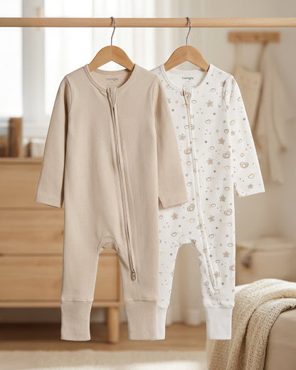 Twingle 100% Organic Cotton Sleepsuit-Zip Guard to Protect Baby's Chin & Neck-Two Way Zipper for Easy Diaper Change-Inbuilt Booties & Mittens-Hearts & Stars Print-Beige-Pack of 2-For Infants